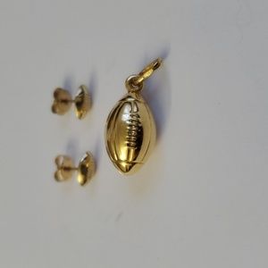 18K Gold Rugby / Football Pendant & 14K Gold Earrings